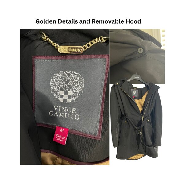 AUTHENTIC: Medium Vince Camuto Black With Golden Details & Belt Trench Coat - Picture 5 of 5